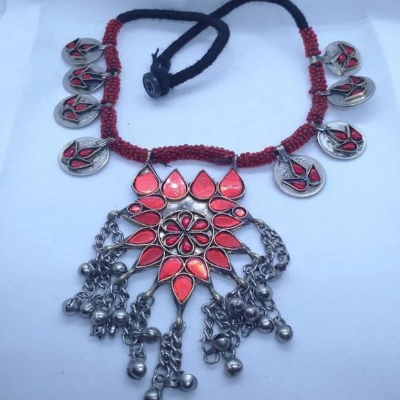 Afghan Antique Green Or Red Stones Kuchi Necklace, Handmade Boho Necklace - Picture 1 of 5